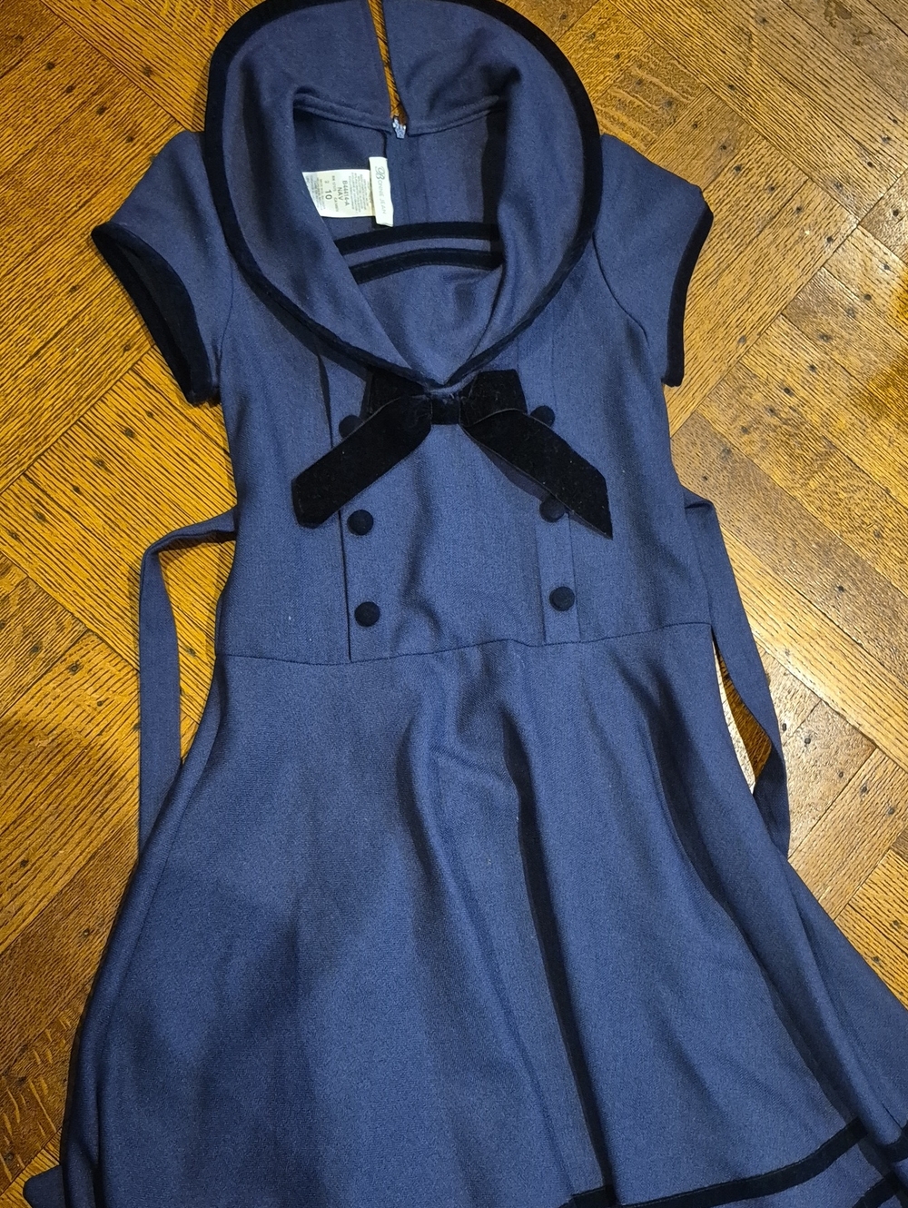 Girls Navy Sailor-Style Dress with Black Trim and Velvet Bow